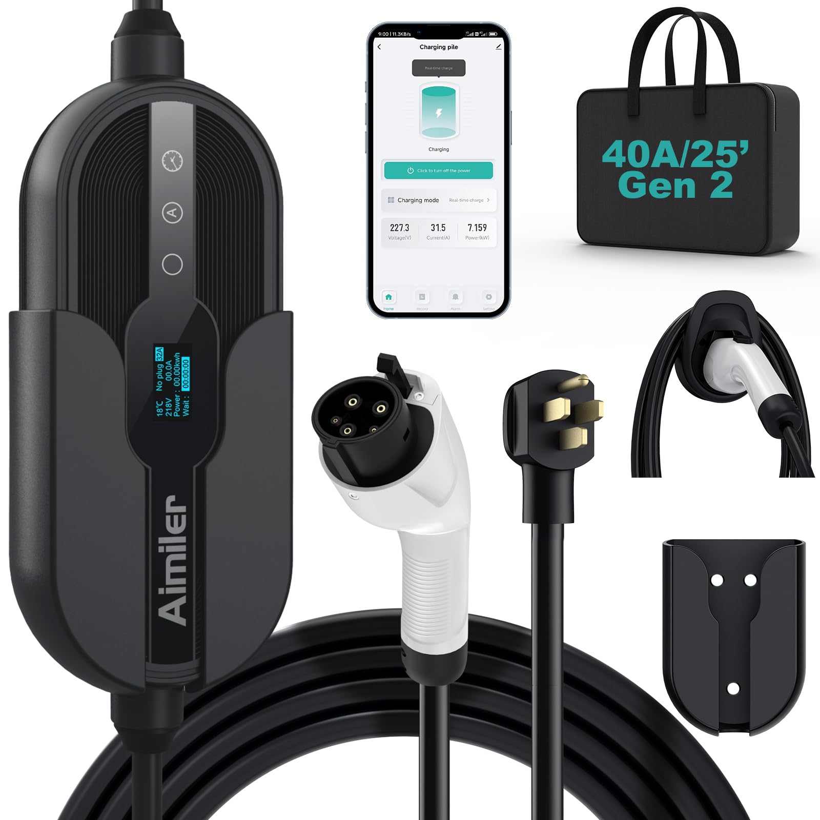 AIMILER Level 2 Electric Vehicle (EV) Charger(40Amp, 220V-240V, NEMA 14-50 Plug), 25ft Cable ETL Listed Portable Indoor/Outdoor EVSE SAE J1772 EV Car Charging Station w/Delay Timer, WiFi Enabled