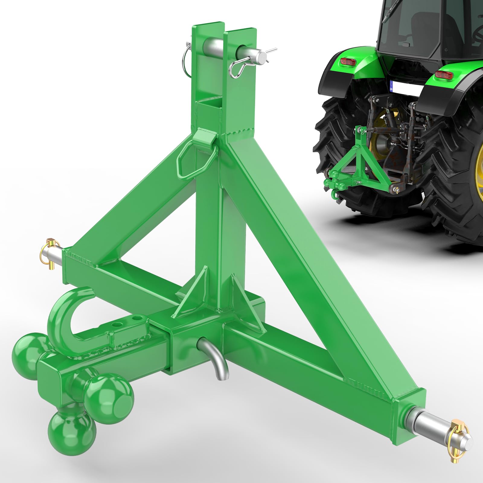 3 Point 2" Trailer Hitch Receiver and Towing Ball Hitch with Hook Heavy Duty Tractor Drawbar 3 Pt Quick Hitch Attachment for Kubota, John Deere Category 1 Subcompact Tractor Farm Equipment(Green)