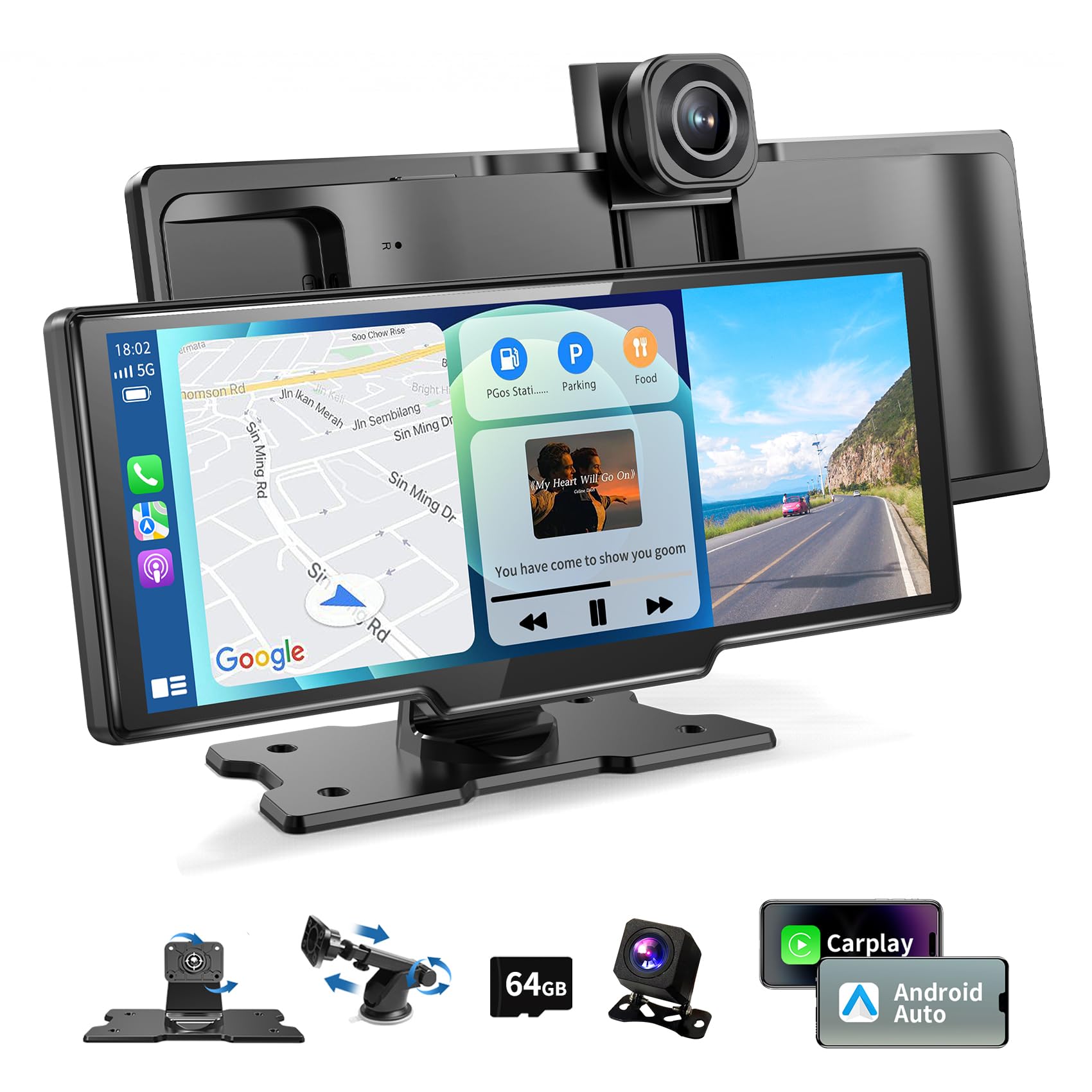 10.26" HD Wireless Car Stereo for Carplay & Android Auto, Portable Touch Screen for Car, 4K Dash Cam, 1080P Backup Camera, Bluetooth, AUX/FM, Googel, Siri, Mirror Link, GPS Navigation