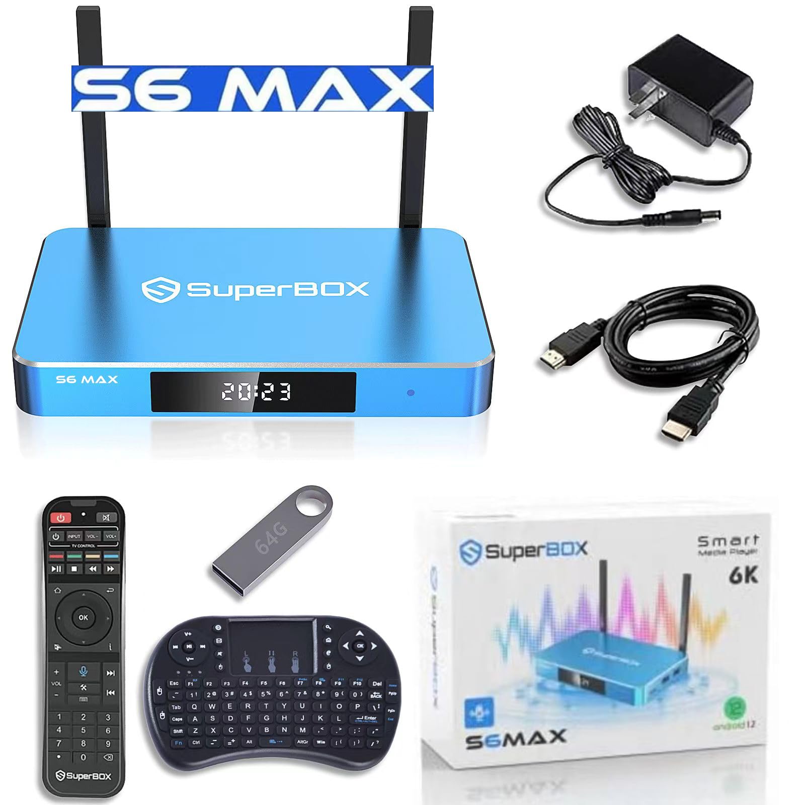 2025 New Generic Smart S6-MAX TV Box, 4G RAM + 64G ROM, Blue, 1 Voice Remote Control, 1 Removable Storage USB Flash Drive, 1 HD Data Cable, 1 Mini Keyboard