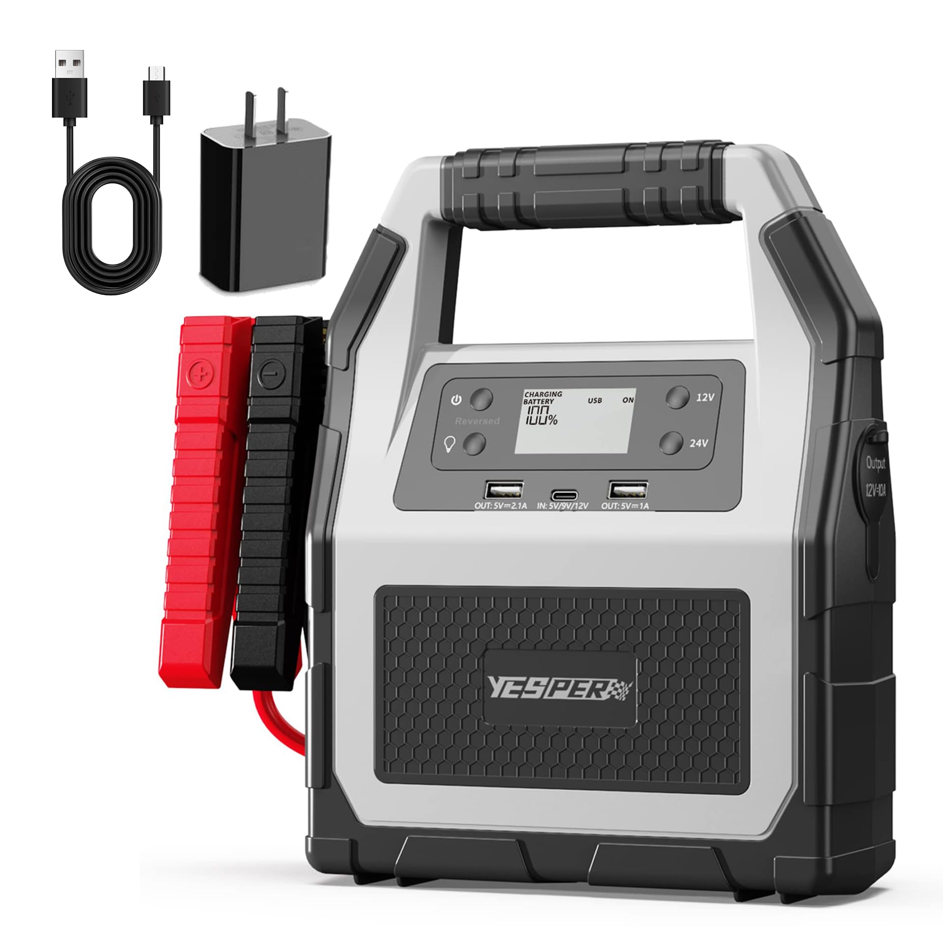 YESPER 12V/24V Car Jump Starter, 6000A Peak 4.1 lbs Portable Jump Starter Battery Pack 42000mAh Battery Booster Pack (Up to All Gas/Diesel Engine) Jumper Box with LED Screen and Wall Charger