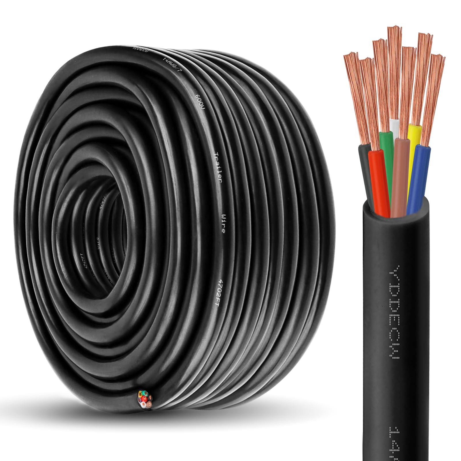 YDDECW 7 Way Trailer Wire - 14/7 Heavy Duty 75FT 100% Pure Copper 7 Wire Trailer Cable 14 Gauge 7 Conductor Wiring Extension Cable Insulated Cable for Rv Trailer and Automotiv