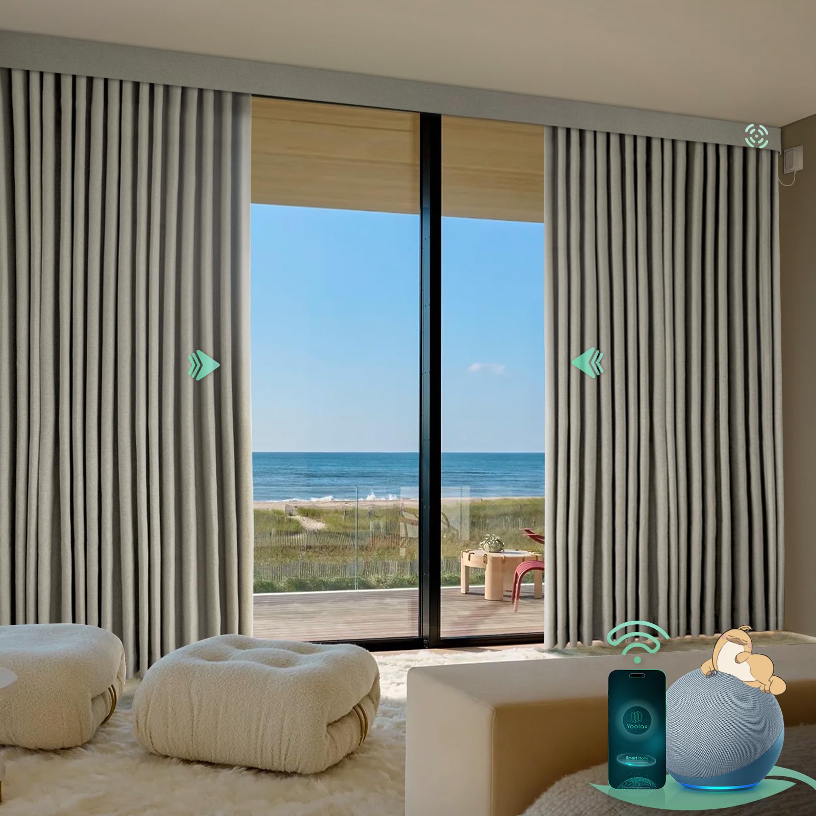 Yoolax Smart Retractable Curtain Compatible with Alexa and Google Home, Motorized Curtain Hardwired with Remote Customized Size (Fine Woven Taupe)
