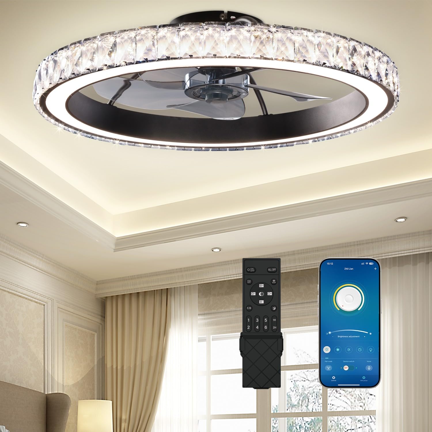 Aipsun Low Profile Modern Crystal Chandelier Ceiling Fans with Lights and Remote, 3000K-6500K Smart Bladeless LED Fan Light, 22" Black Modern Ceiling Fans with Lights for Bedroom