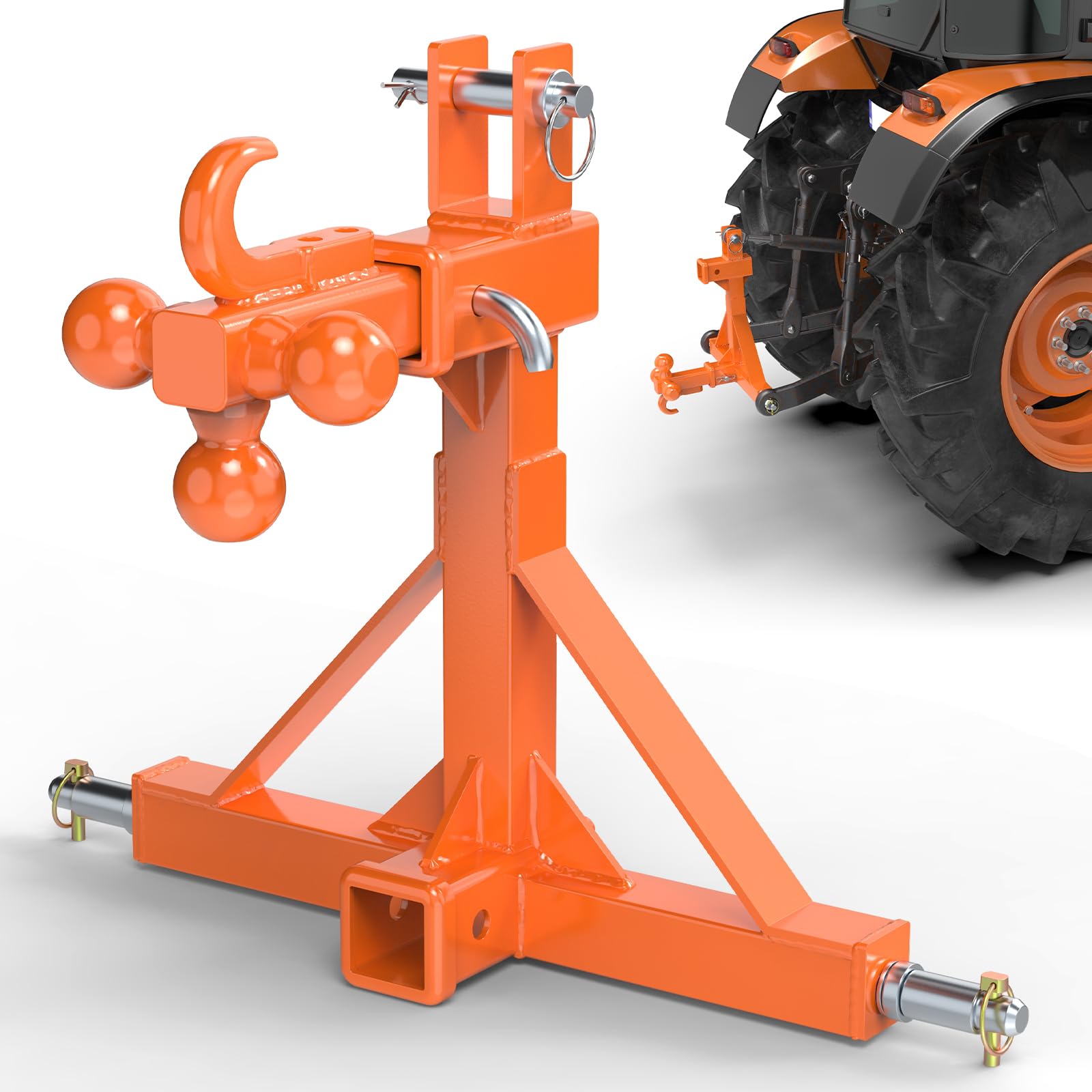 3 Point Trailer Hitch Dual 2”Receiver with Ball Hitch and Hook, 3 Point Hitch Receiver Tractor Mover Drawbar Hitch with Standard/5th Wheel/Goose Neck Connection, Cat.1 3 Point Hitch Attachment(Orange)