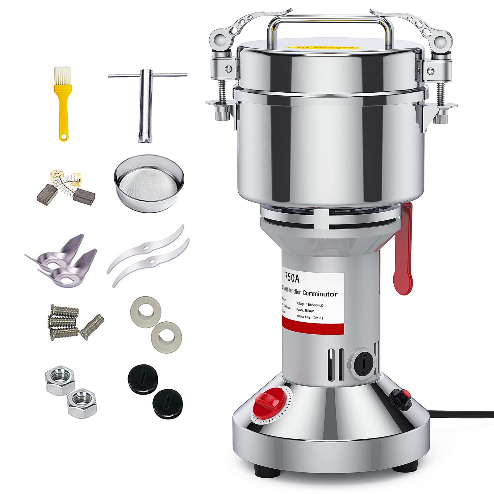 750g Electric Grain Mill Grinder Spice Commercial 2500W 110V Superfine Powder Grinding Pulverizer Stainless Steel Machine for Dry Corn Coffee Wheat Herb Pepper Food Seeds Flour Bean (Upright Type)