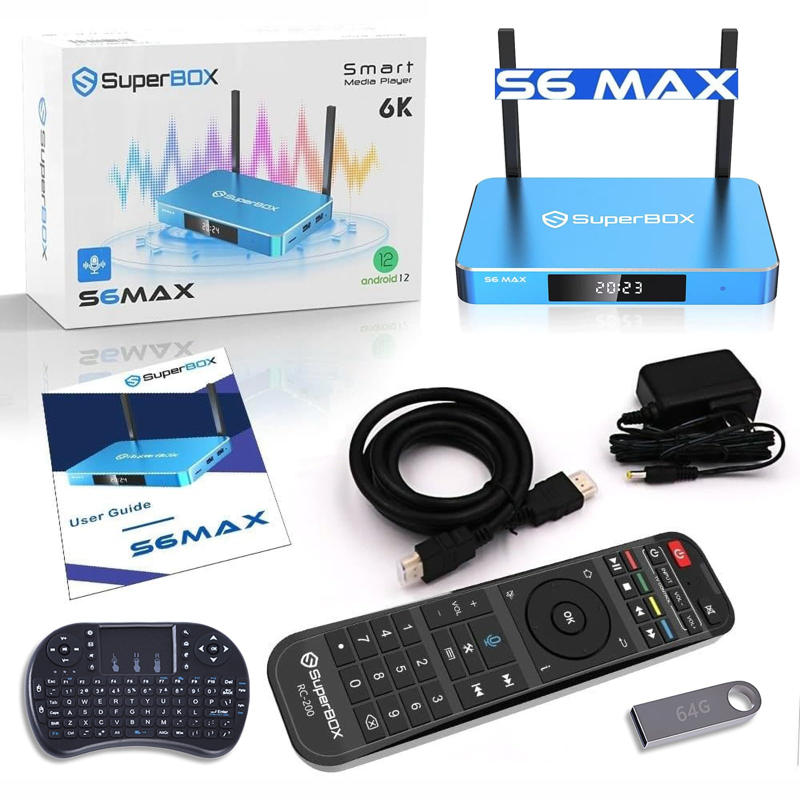 2025 Super S6-MAX Bundle Box New Edition with Remote Control Voice Command, Manual, USB Flash Drive, Keyboard, HD Cable