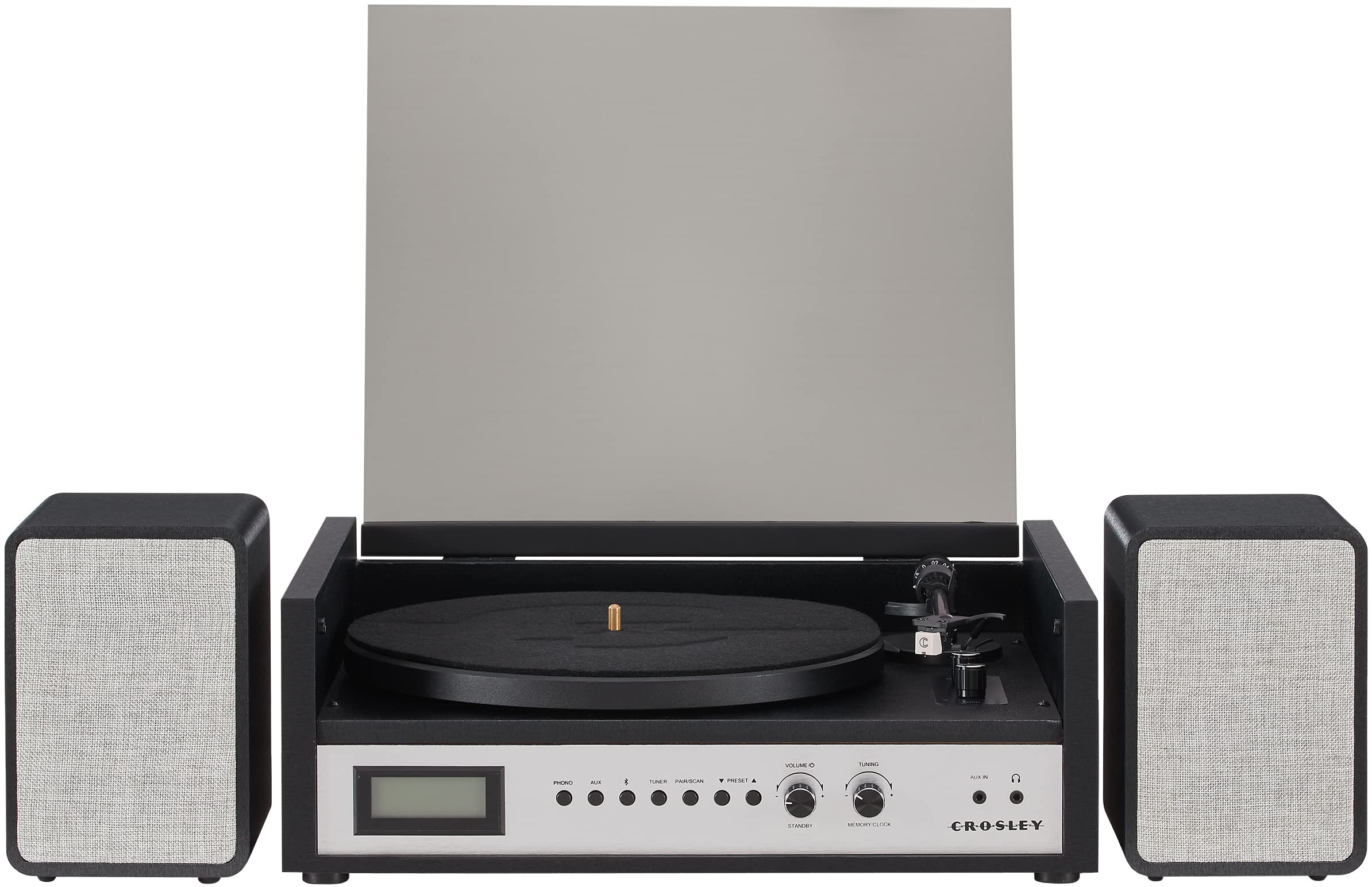 Crosley CR7017B-BS Coda 3-Speed Bluetooth Turntable and FM Radio Shelf System with Matching Stereo Speakers, Black