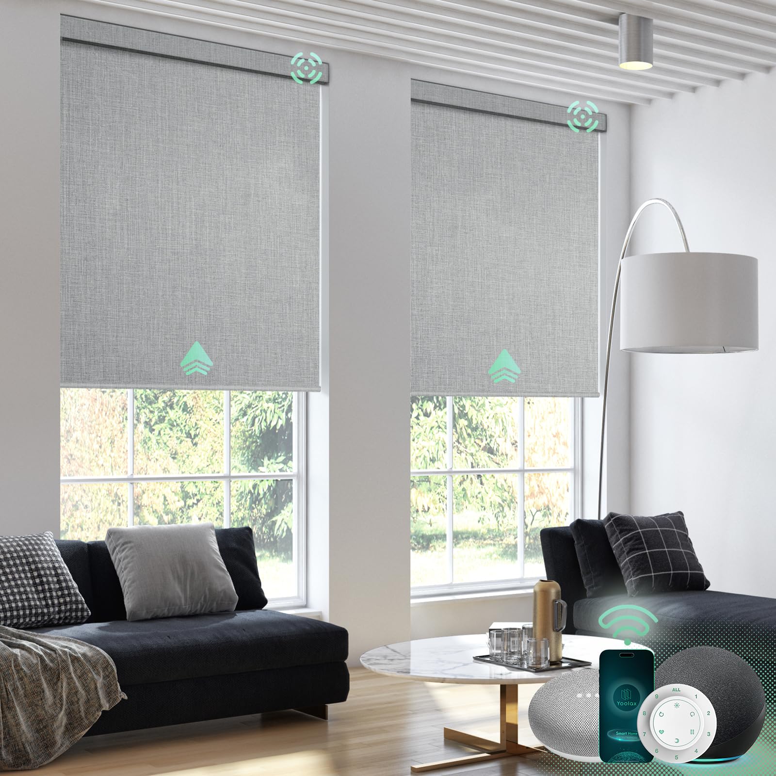 Yoolax Motorized Blinds with Remote, Blackout Smart Blinds Motorized Fabric Roller Shades Compatible with Alexa, Automatic Shades for Windows Custom Size (Light Grey)