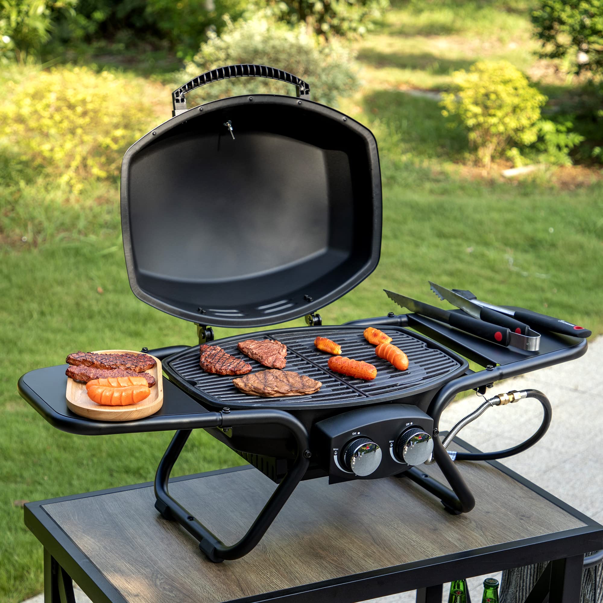Captiva Designs Portable Propane Grill, 15,000 BTU Output TableTop Liquid Gas Grill with 2 Stainless Steel Burners, 275 sq.in. Cooking Area with Side Tables