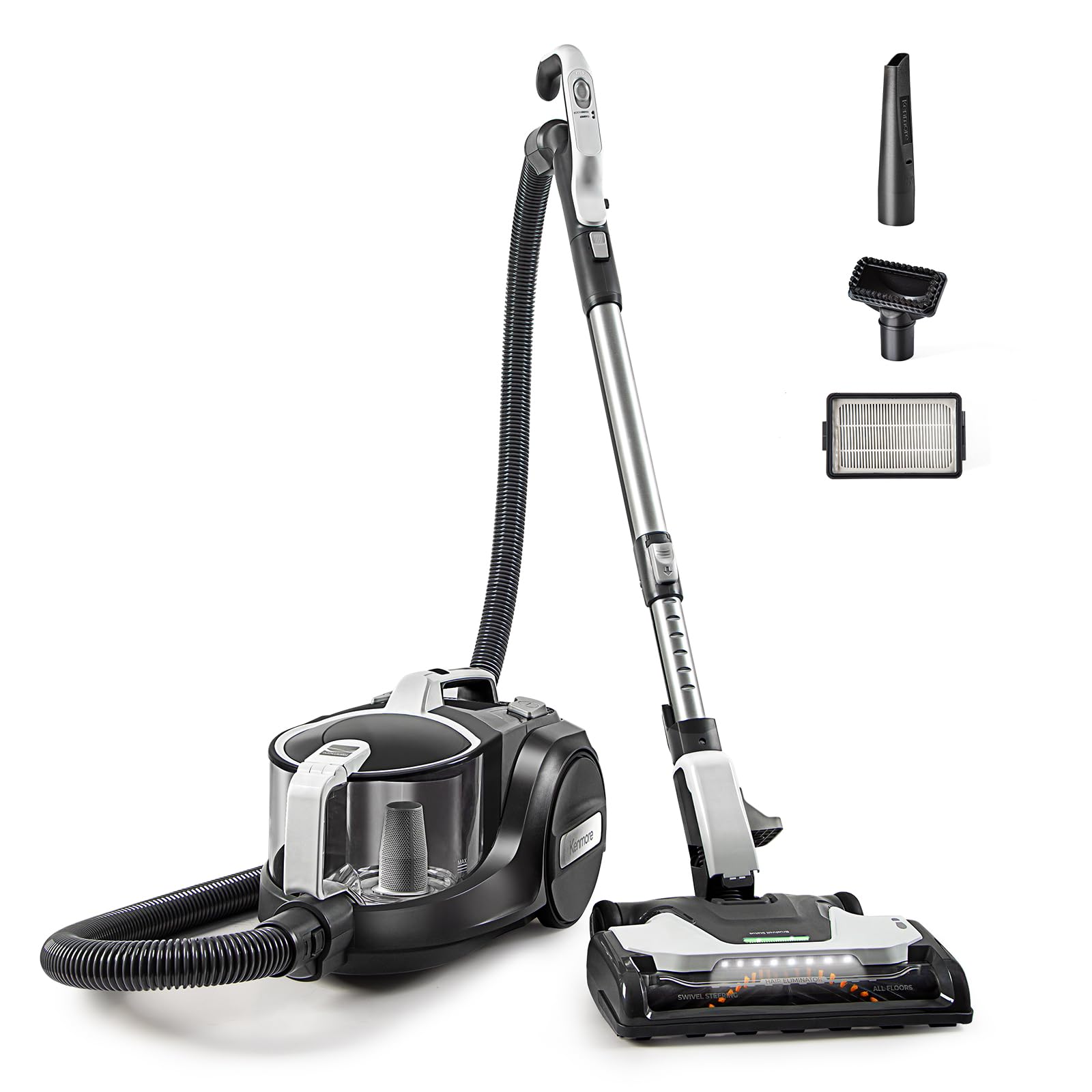 Kenmore DC5070 500 Series Bagless Canister Vacuum with Hair Eliminator Brushroll，2-Motor Cyclonic Technology, HEPA Filtration & 24' Auto Cord Rewind for Pet, Carpets, Hard Floors, Stairs, White