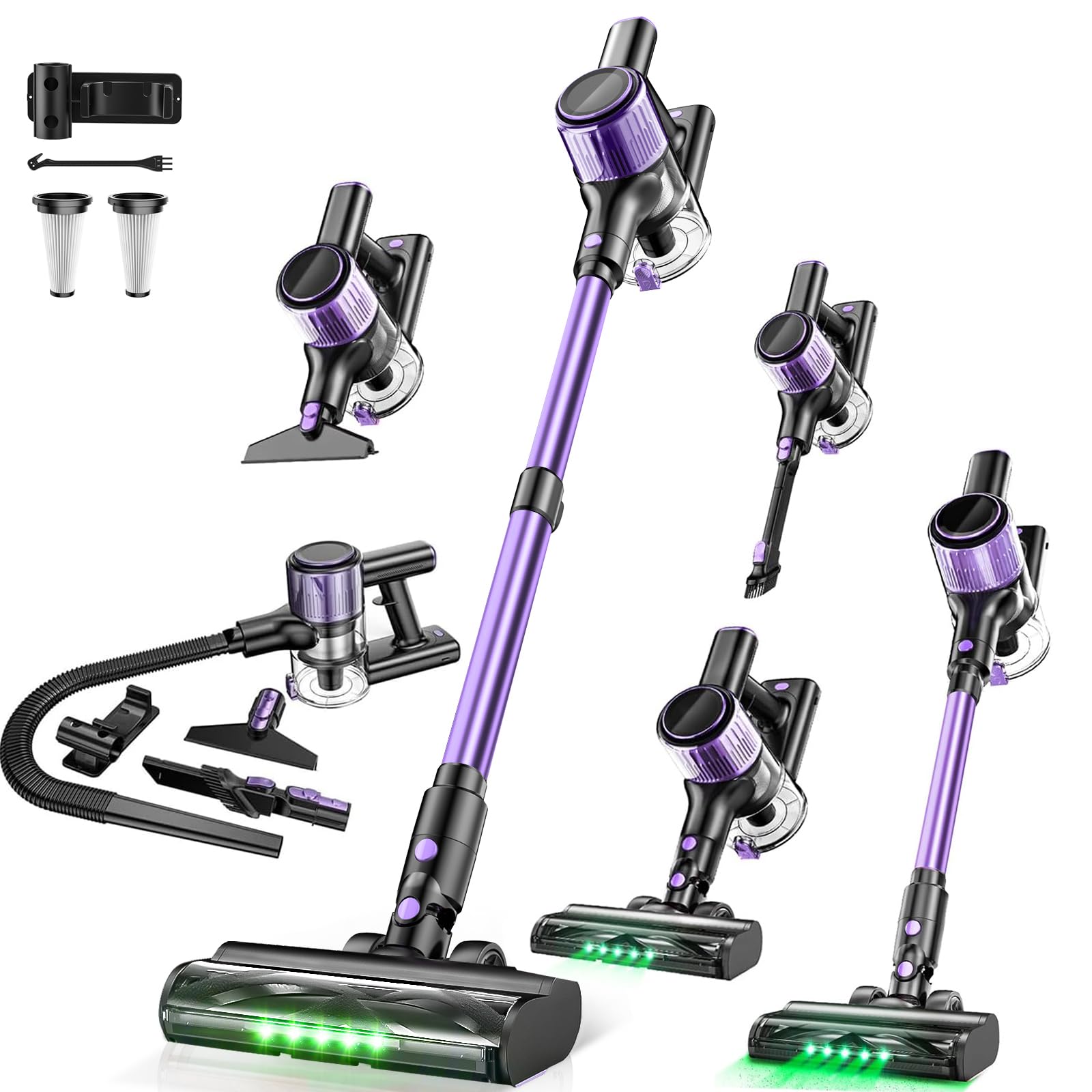 Cordless Vacuum Cleaner, 33Kpa 10-in-1 Stick Vacuum with Extra-Long Hose, Anti-Tangle Brush, Green LED Light, Lightweight Rechargeable Vacuum Cleaner for Home,Hardwood Floors,Carpets,Dryer,Vent