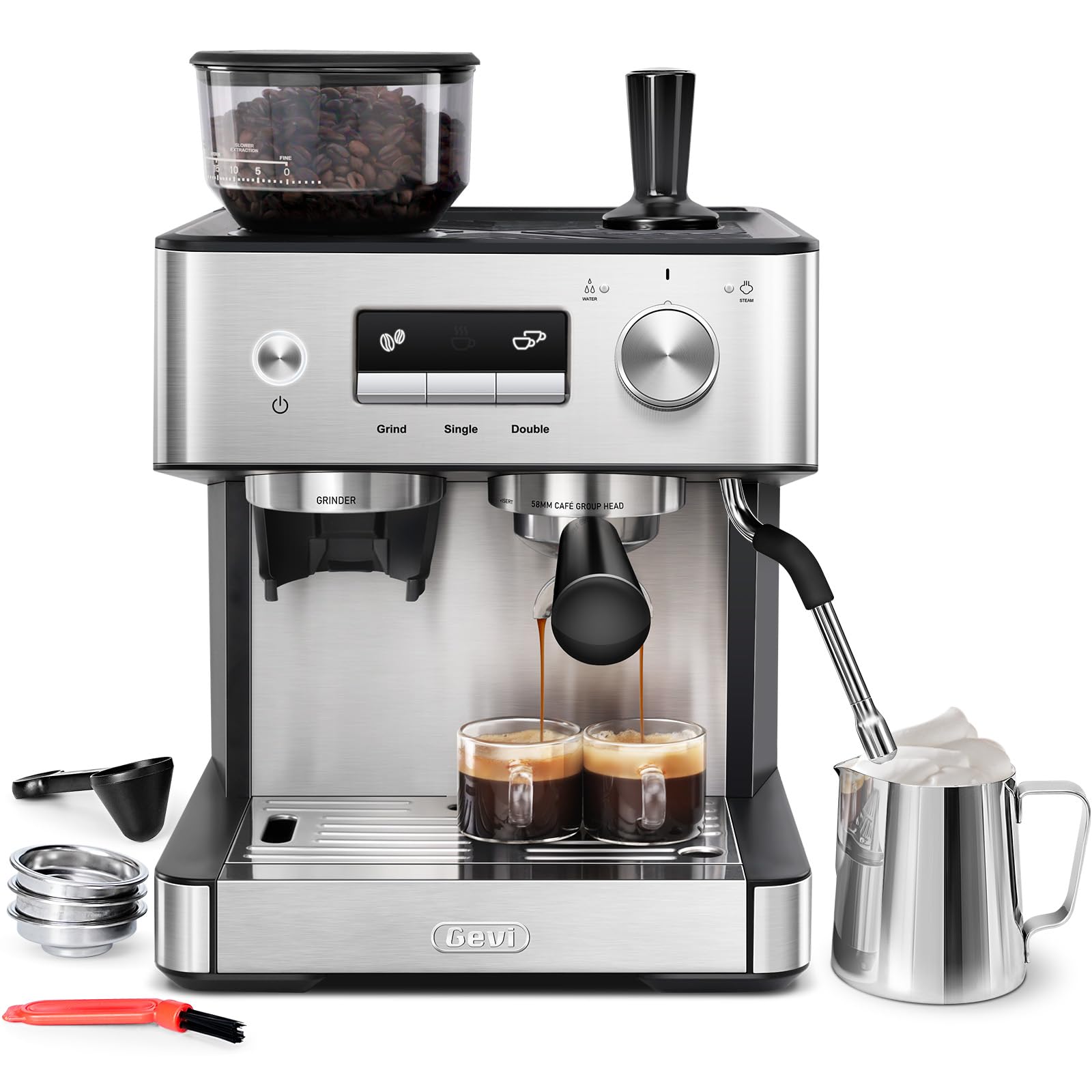 Gevi Espresso Machine with Grinder, 20 Bar Expresso Coffee Machines with Milk Frother Steam Wand, Professional Espresso Maker, 2.3L Water Tank, Cappuccino & Latte Machine, Espresso Machines for Home