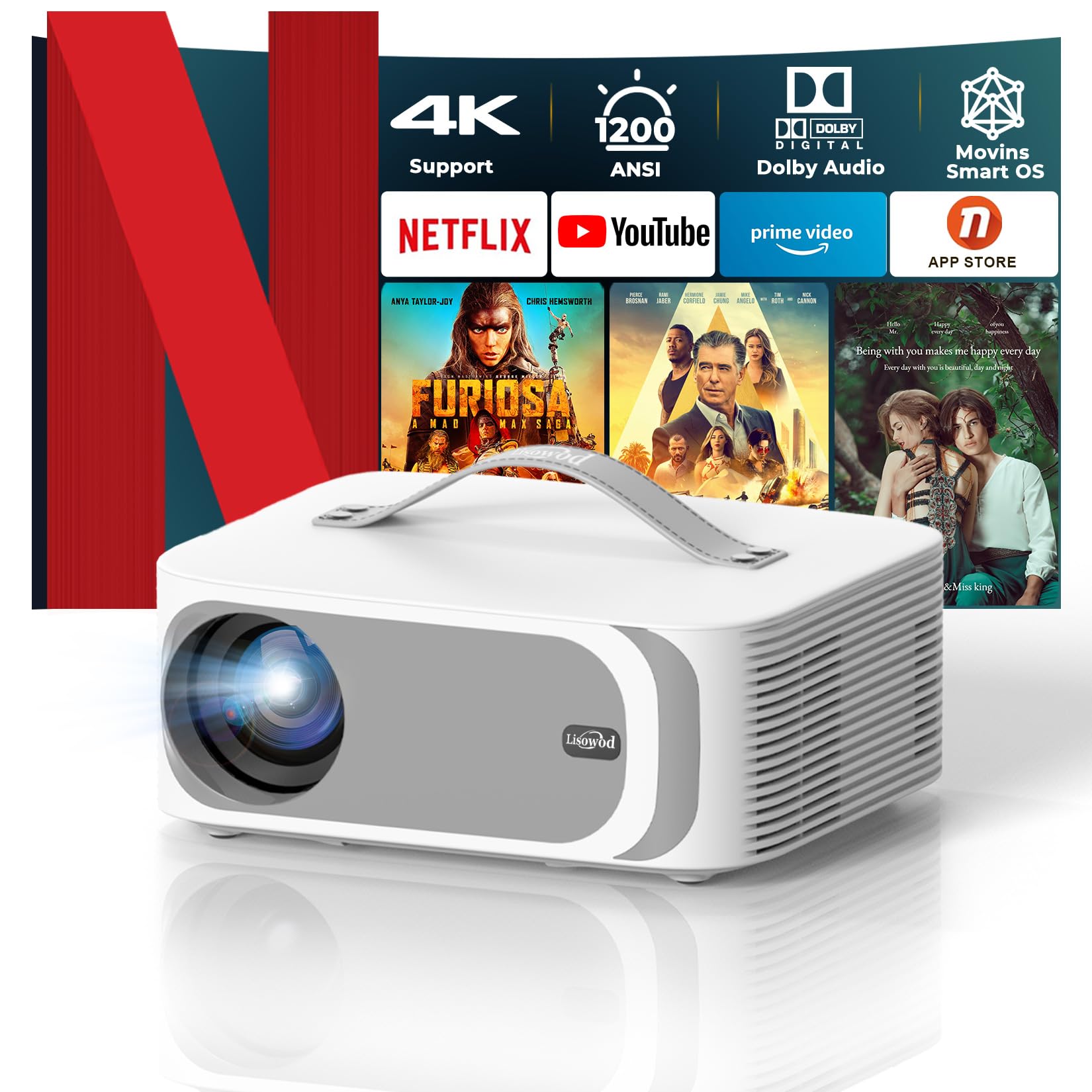 [AI Movin System & 1200 ANSI] Projector-4K with WiFi 6 and Bluetooth, 30W DoIby Audio Netflix-Licensed Projector, One-touch Focus Portable 1080P Outdoor-Projector, Lisowod Smart Proyector with HDR10+