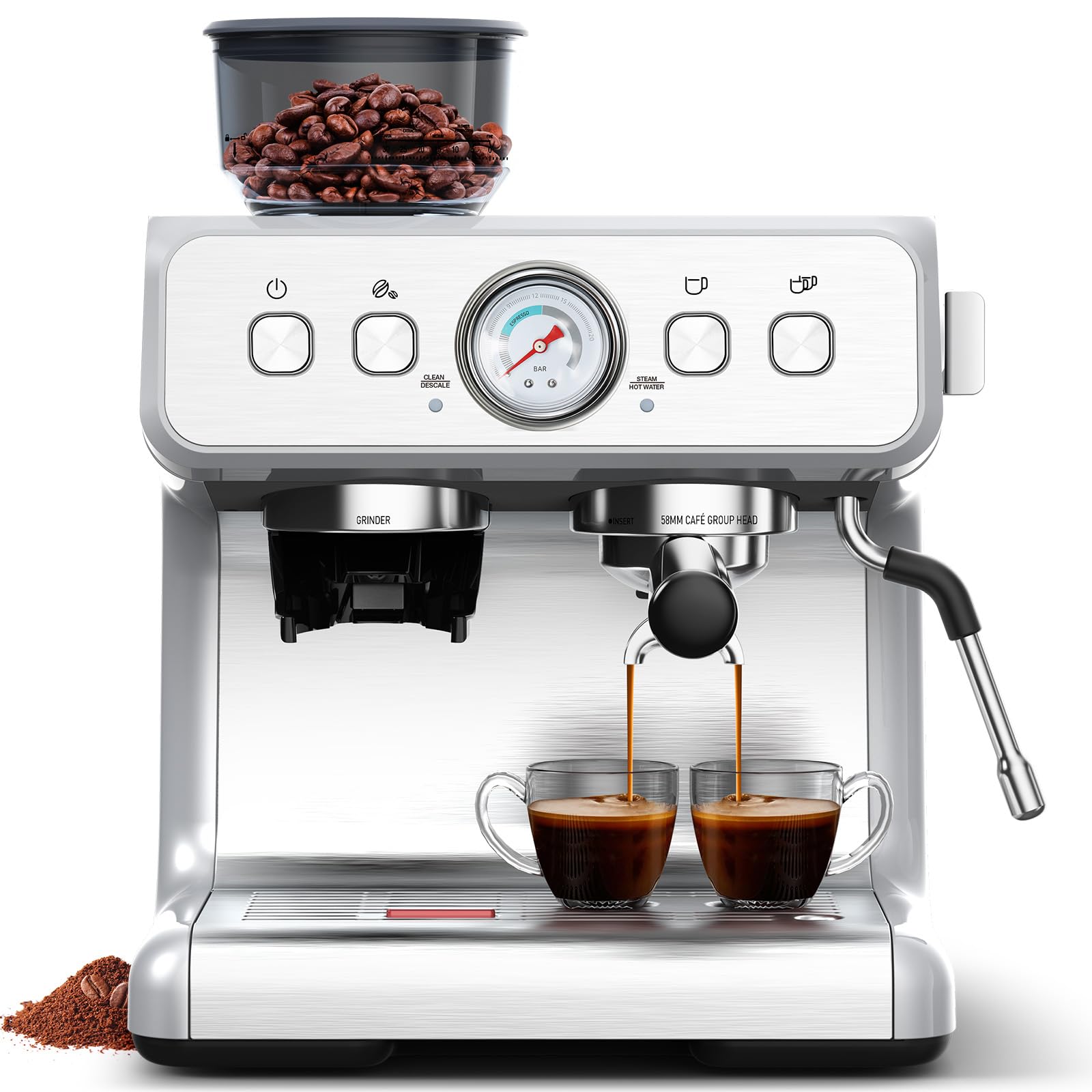 Joy Pebble Espresso Machine,15 Bar Professional Espresso Maker with Coffee Bean Grinder Milk Frother,Coffee Machine for Espresso/Cappuccino/Latte,Single & Double Cup,Stainless Steel