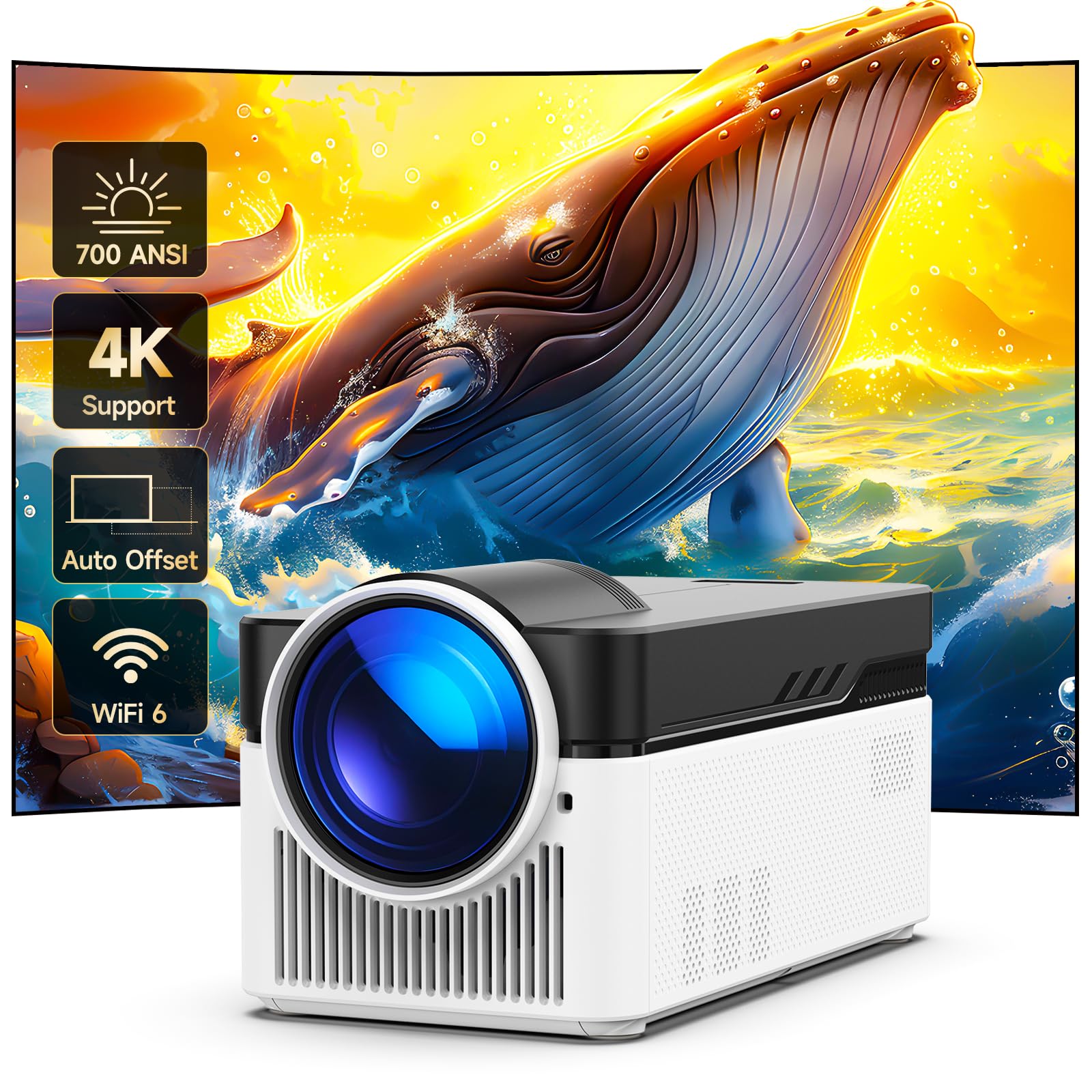 [700 ANSI]Ultra Short Throw Smart Projector, 1080P 4K Support, with Wifi6 and BT 5.4, Auto Offset Projector, 2+32GB Memory, Auto Correction Video Proyector for Home Theater/Outdoor Use