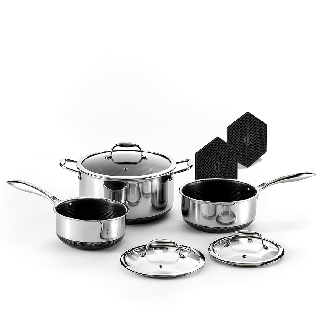 HexClad Hybrid Nonstick 6-Piece Pot Set with 2 Silicone Trivets, 2, 3, and 8-Quart Pots with Tempered Glass Lids, Stay-Cool Handles, Dishwasher-Friendly, Induction-Ready, Compatible with All Cooktops