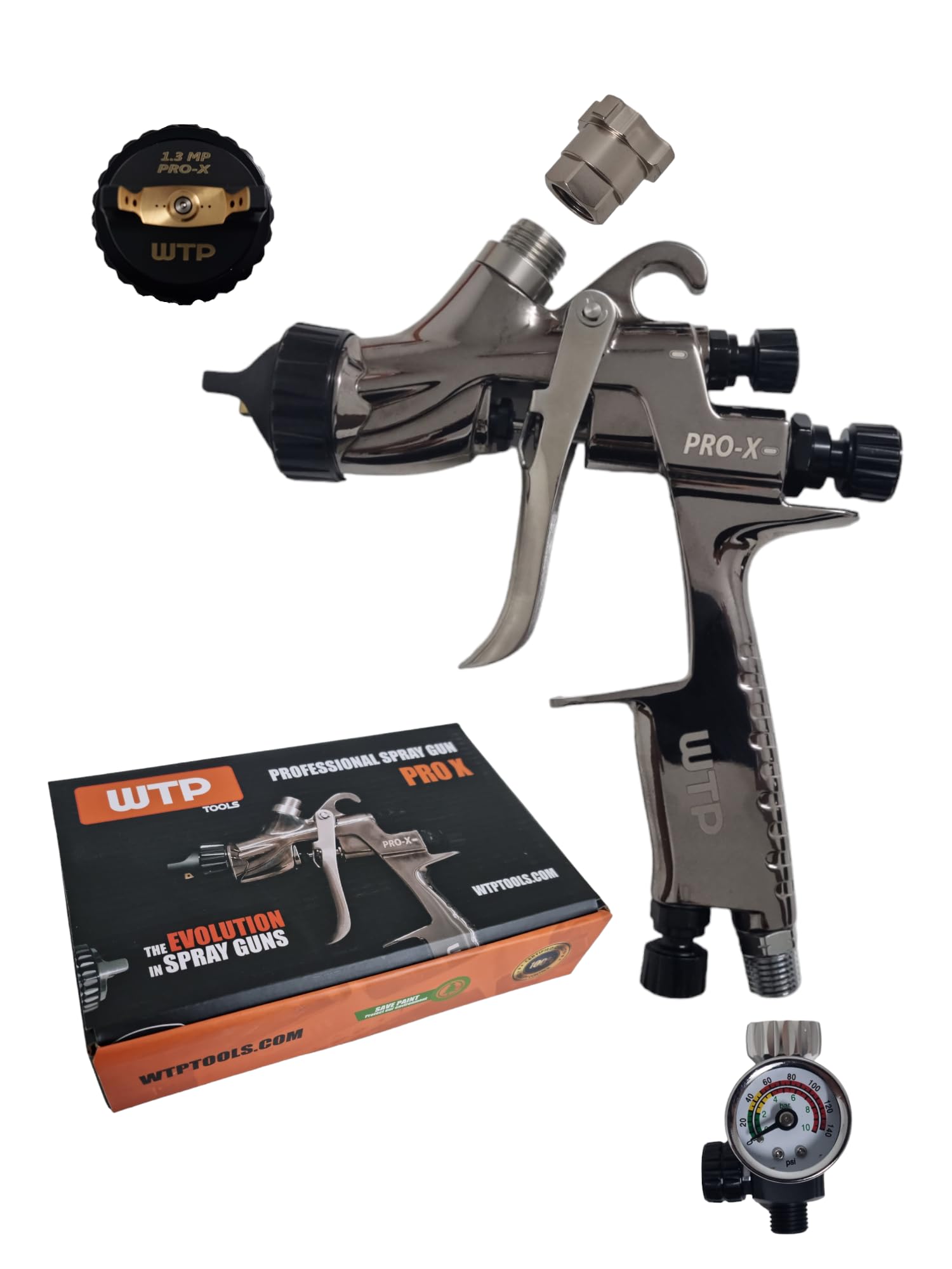Spray Paint Gun WTP TOOLS PRO-X 1.3 MP + Air Regulator + Adapter + Brush + Tools - No Cup