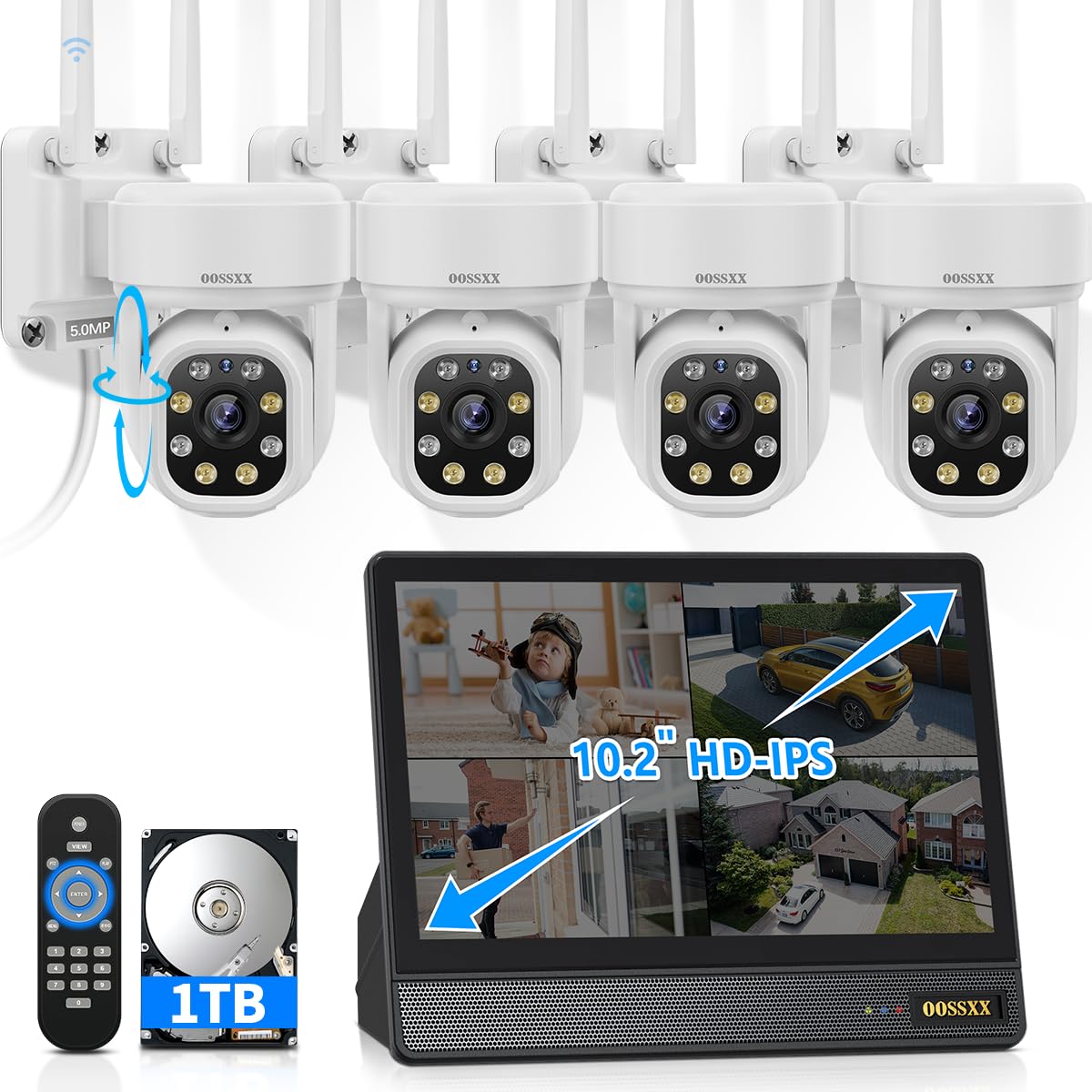(10’’ UHD Monitor) 2-Way Audio 2-Antennas Enchance WiFi Wireless 5MP PIR Outdoor Camera Wireless Home Security Cameras System with Monitor Indoor Video Surveillance