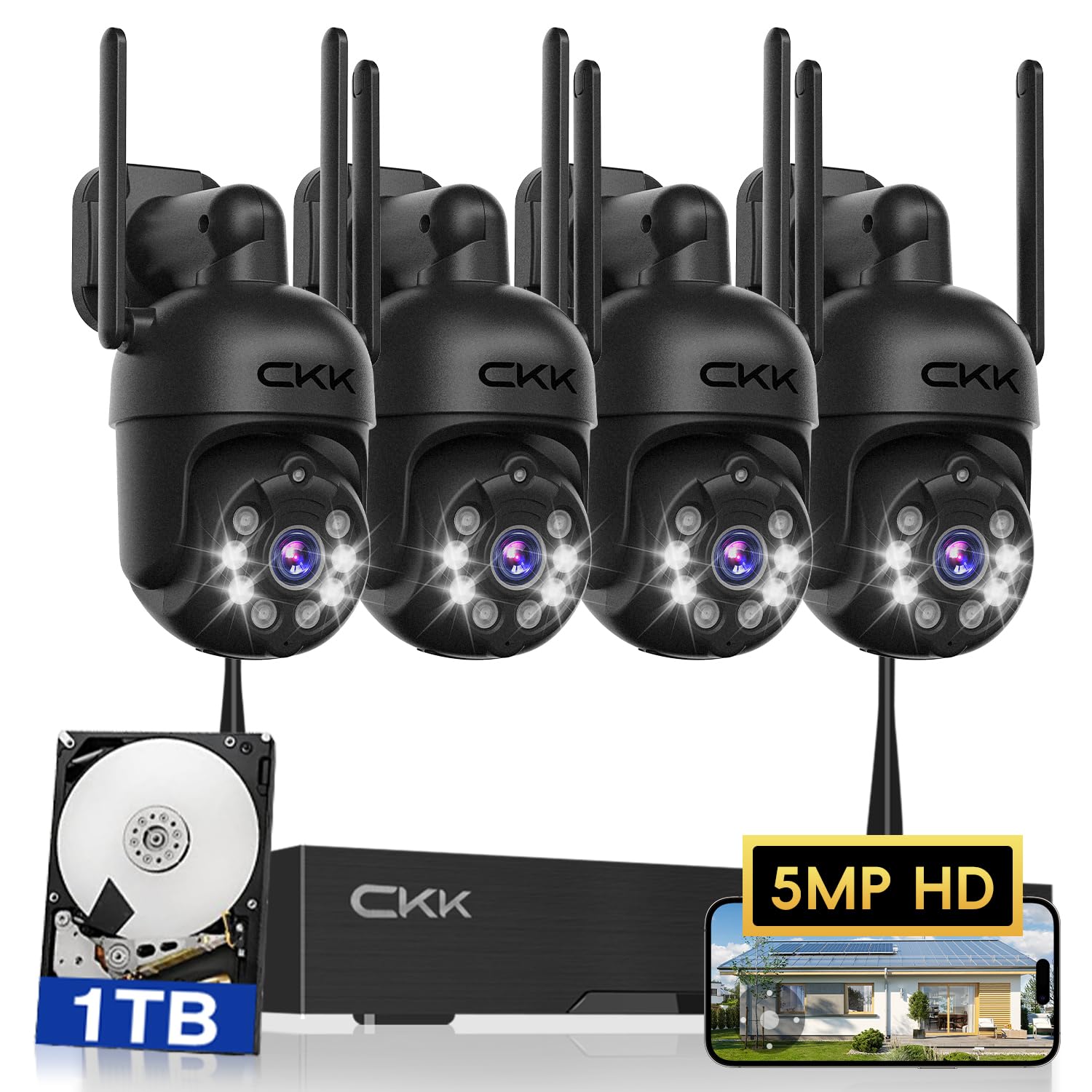 [3K, 360° View] 5MP Wireless Security Camera System, 4pcs 3K PTZ Cameras Outdoor Indoor, C102 Dual WiFi Surveillance System NVR with 4LED Floodlights & Siren Alarm, 2 Way Audio,Motion Sensor,1TB HDD