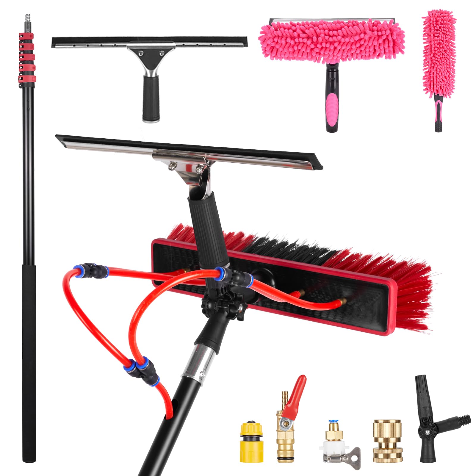 ZKUAOGDI 24ft Long Reach Solar Panel Cleaning Brush Kit,Telescopic Water Fed Pole & Squeegee, 2 Dusting Brushes for Window Outdoor Roof Cleaner Kit