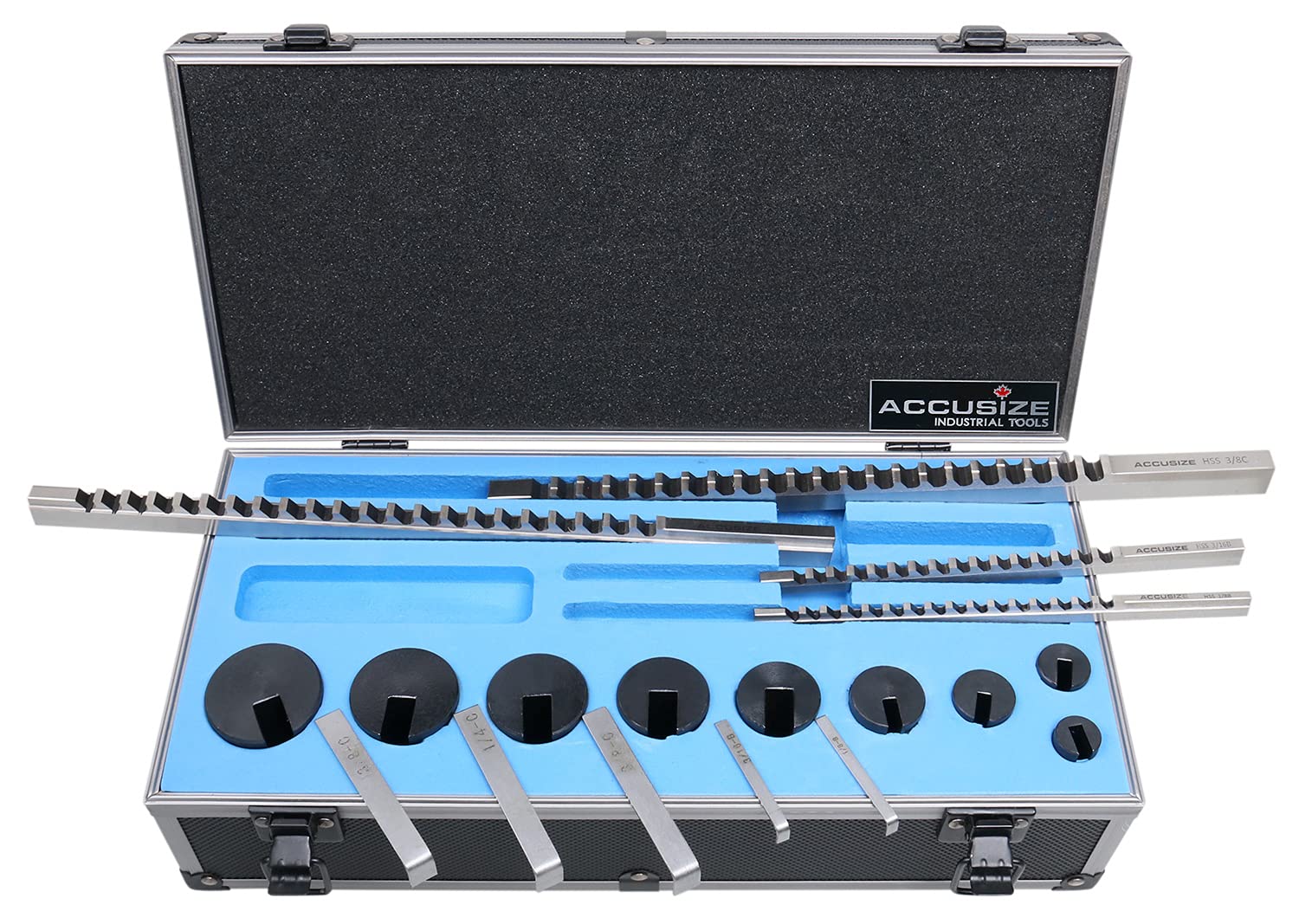 Accusize Industrial Tools - No.10 HSS Keyway Broach Set, 18 Pcs with Precision Ground Teeth, Includes 4 Broaches & 9 Bushings, 5100-0010