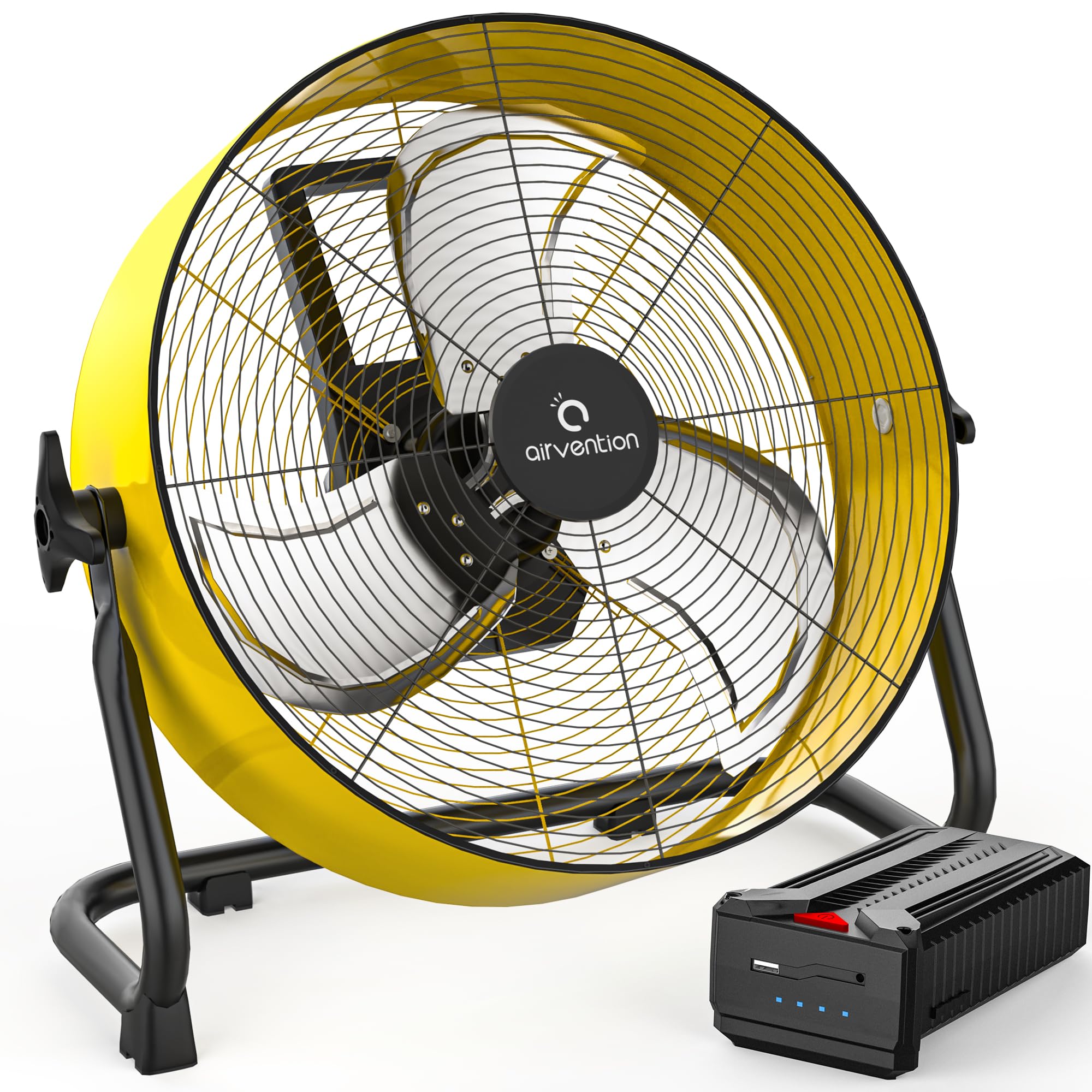 Airvention 15600mAh Rechargeable Battery Operated Drum Fan, 12 inch Yellow Industrial High Velocity Floor Fan, Shop Fan for Camping Gym Garage Outdoor Indoor, AI-F600Y