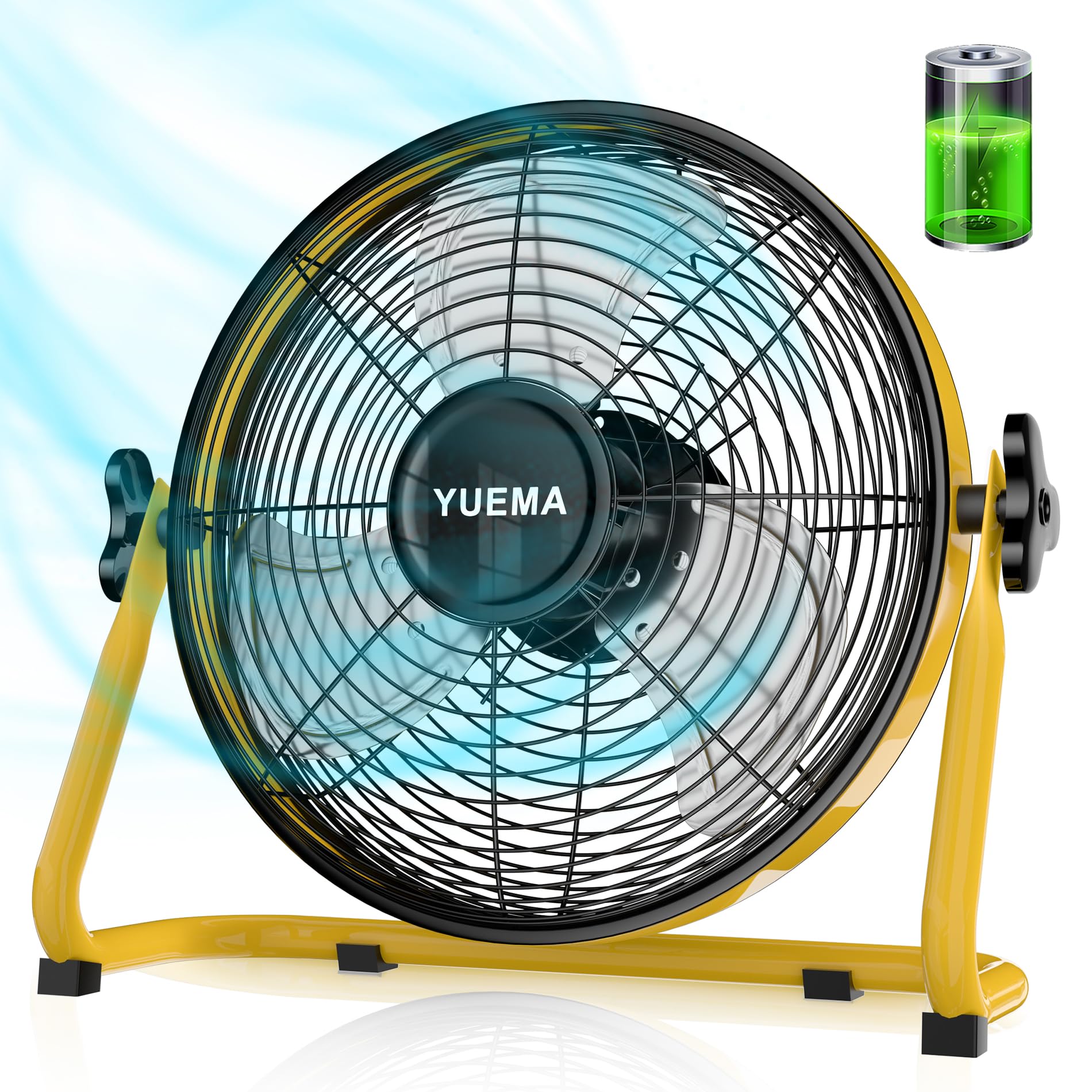 YUEMA Battery Operated Powered 14 Inch Floor Fan High Velocity Rechargeable Fan Cordless Metal Blade Portable Fan for Camping Travel Patio Tent Indoor Outdoor 360 Degree Manual Tilt 12 Speed
