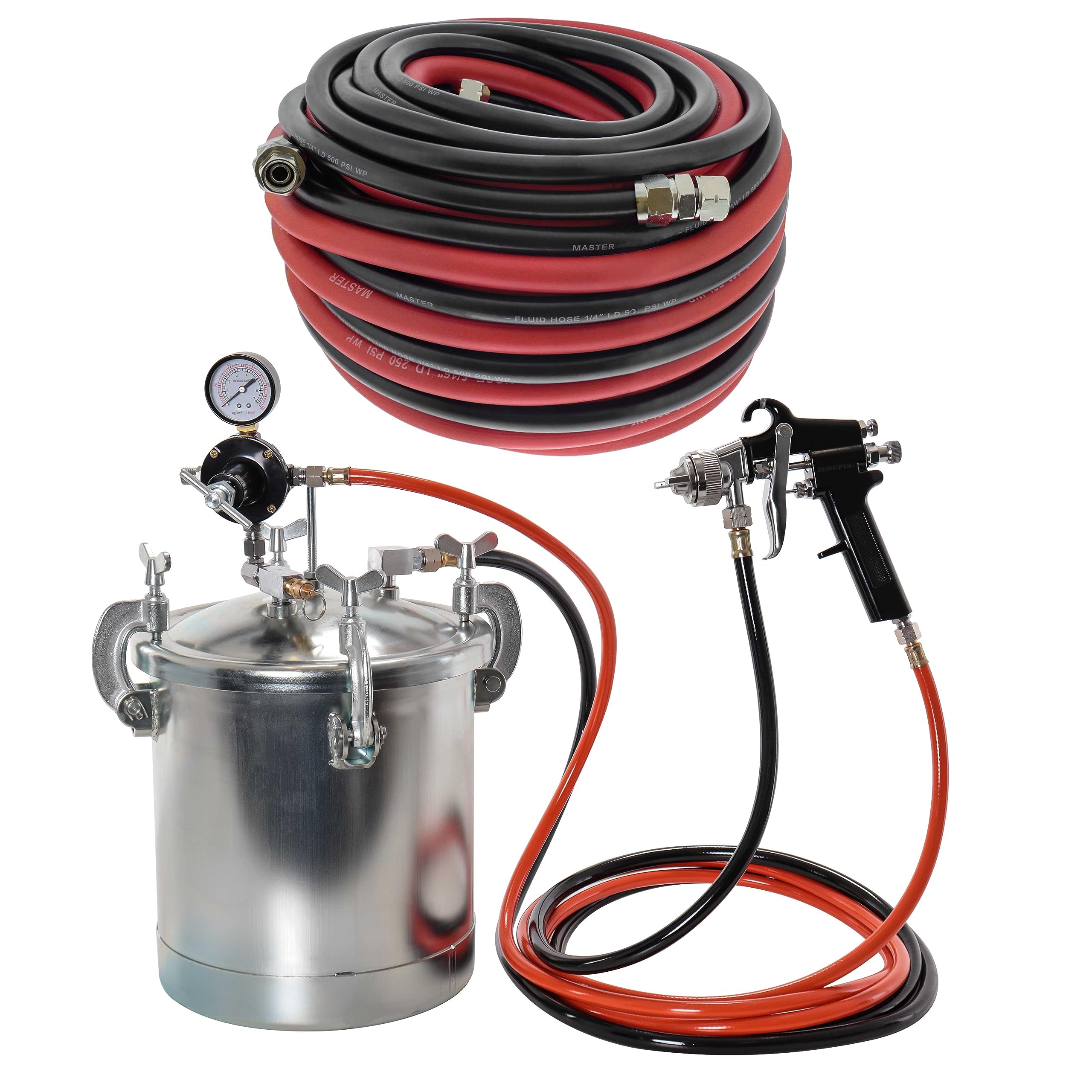 TCP Global Pressure Tank Paint Spray Gun with 1.5 Mm Nozzle 2-1/2 Gal. Pressure Pot & Spray Gun with Master Elite Series 50 Foot Air and Fluid Hose Assembly Set with Fittings