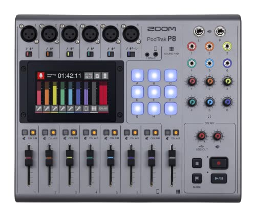 Zoom PodTrak P8 Podcast Recorder, 6 Microphone Inputs, 6 Headphone Outputs, Phone Input, Sound Pads, Onboard Editing, Record to SD Card, USB Audio Interface, Battery Powered