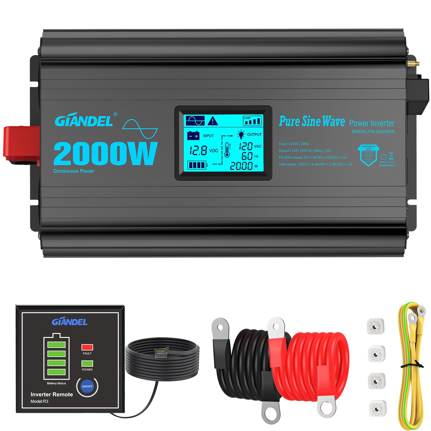 2000 Watt Pure Sine Wave Power Inverter 2000W 12V DC to 120 V AC Lithium Battery Compatible for RVs Off Grid Solar Boat Camper Starlinks System with 20Amps Hardwire Block and USB-C PD30W by GIANDEL