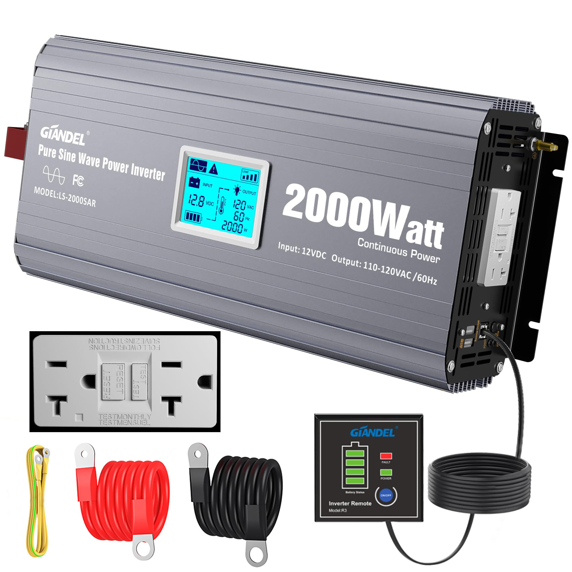 2000 Watt Inverter Pure Sine Wave with UL Listed GFCI Outlets Power Inverter 12V DC to 120V AC Solar Inverter FCC Approved Remote with Battery Level Monitor for Off Grid Solar Setup RVs Campers