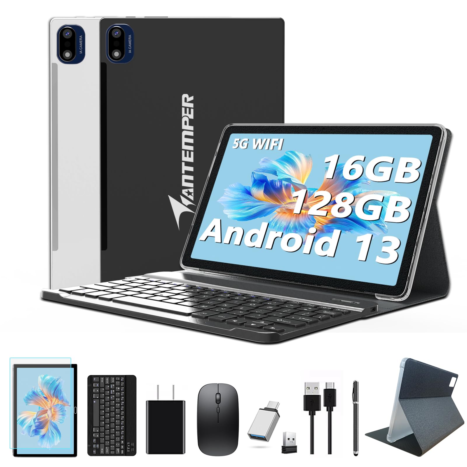 2025 Latest Android 13 Tablet 10.1 Inch, 5G WiFi Tablets Mit 16GB RAM+128GB ROM(1TB TF),2 In 1 Tablet with keyboard Mouse Pen-Octa-Core2.0Ghz | 7000mAh | 1080FHD | 13MP Camera | WLAN GPS -Black