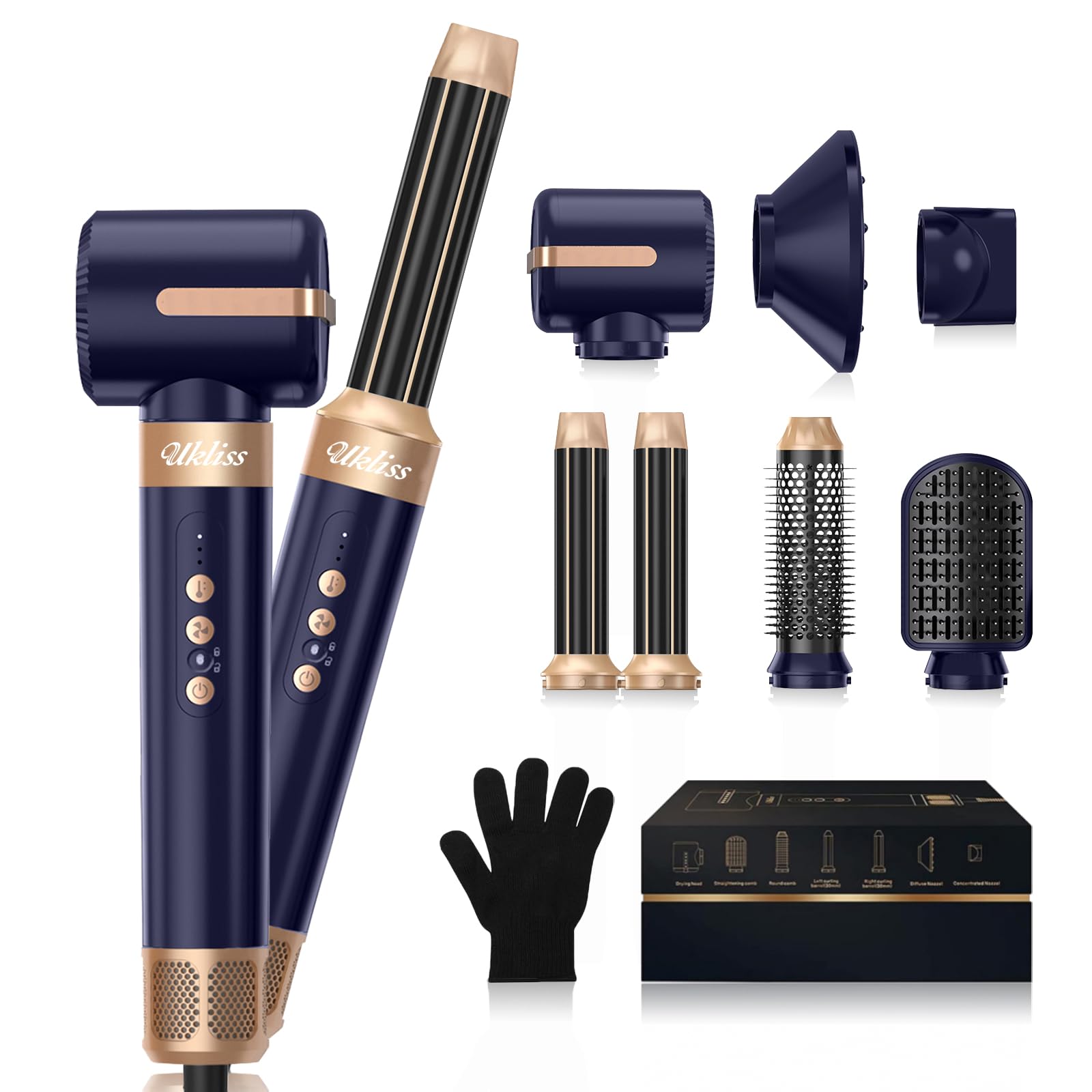 Air Styler, Ukliss 7 in One Blow Dryer Brush, 110000 RPM Hot Air Styler, Magic Styler for Curly, Straight & Twisted Hair, Professional Ionic Hair Dryer Brush for Salon-Quality Styling, Blue