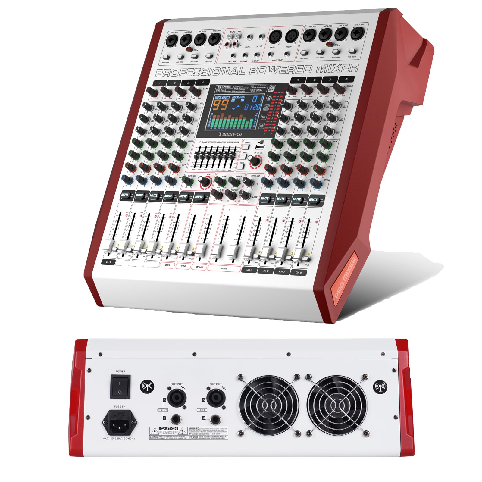 Yamnweo PG-8PRO 8 channel audio mixer, DJ mixing board with power 2 * 550w amplifiers, audio sound card with 48V phantom power, Usb audio interface, streaming sound mixing board with 99 DSP FX