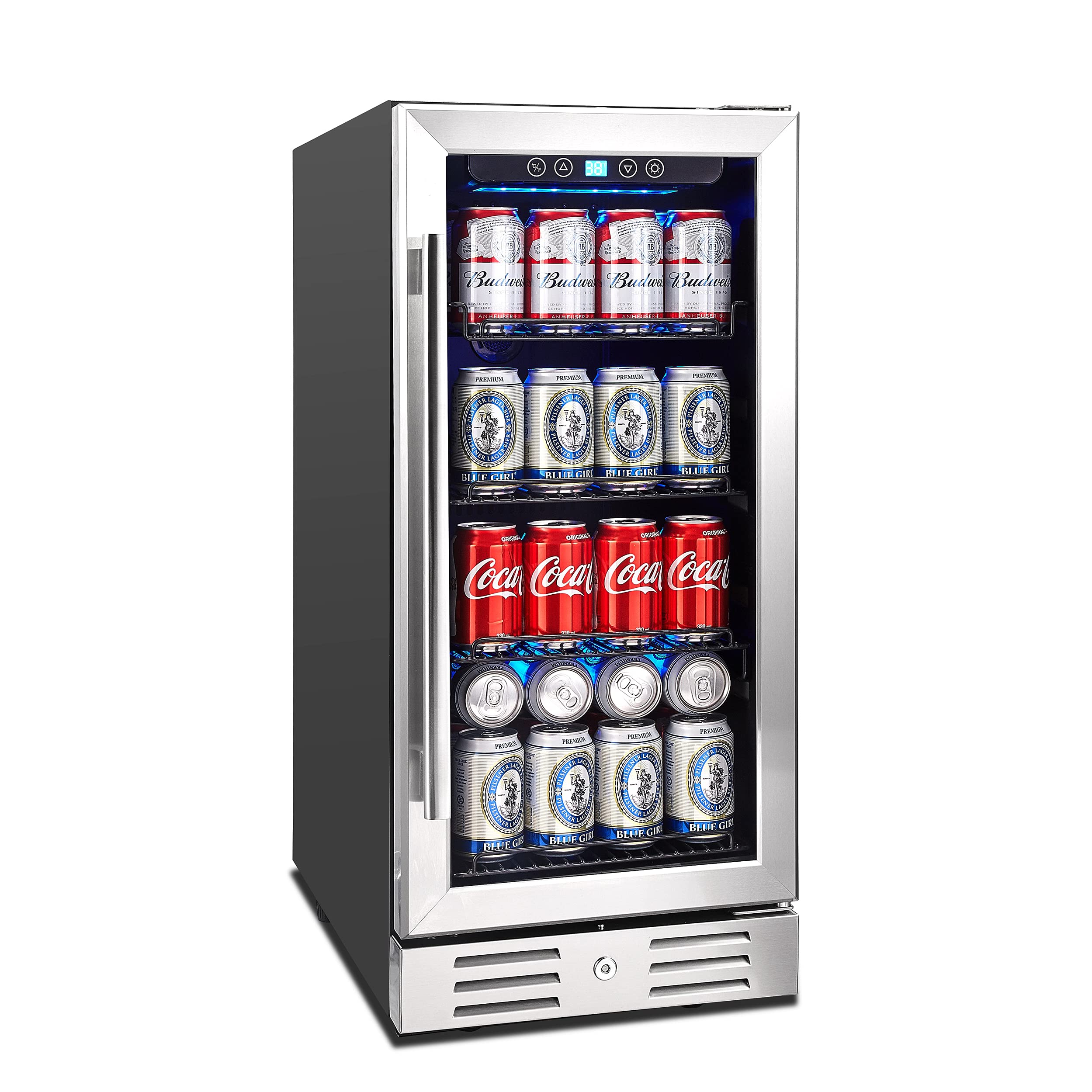 15 Inch Beverage Cooler and Kalamera Refrigerator Under Counter Built-in or Freestanding - 96 Cans Capacity Mini Fridge- for Soda, Water, Beer or Wine - For Kitchen or Bar with Blue Interior Light