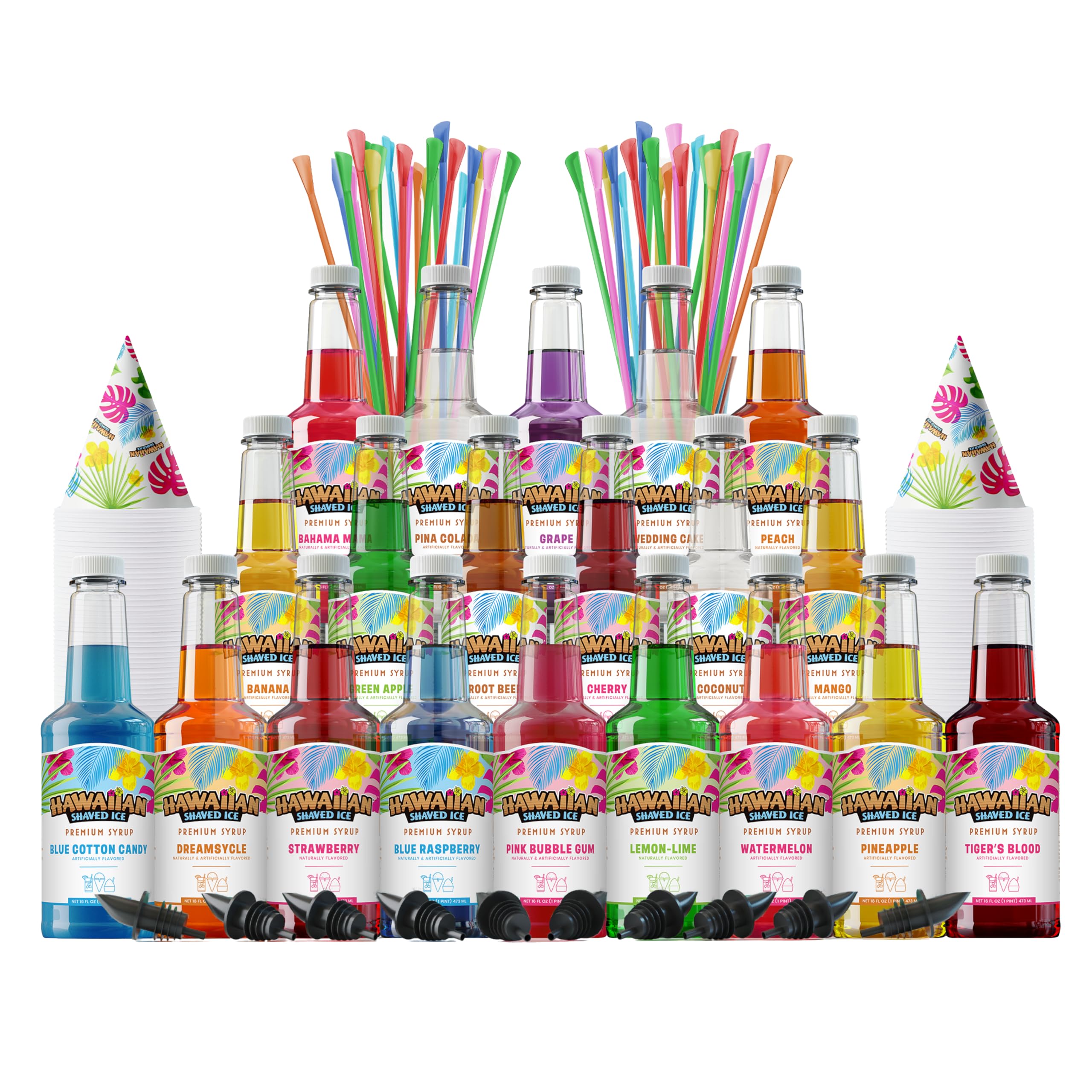 Hawaiian Shaved Ice Party Kit with 20 Syrup Flavors in 16oz. Bottles, 200 Snow Cone Cups, 200 Spoon Straws, and 20 Pouring Spouts. Great for Birthday Parties. Allergy-friendly